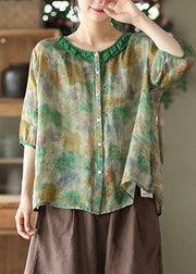 Women Green Ruffled Print Ramie Top Half Sleeve