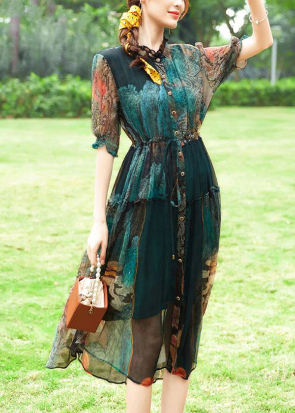 Women Green Ruffled Print Silk Cinched Dresses Summer