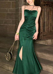 Women Green Slash Neck Cinched Patchwork Satin Maxi Fishtail Dress Summer