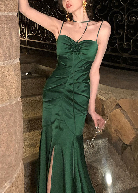 Women Green Slash Neck Cinched Patchwork Satin Maxi Fishtail Dress Summer