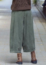 Women Green Solid High Waist Corduroy Wide Leg Pants Spring