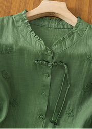 Women Green Stand Collar Embroidered Shirts Summer
