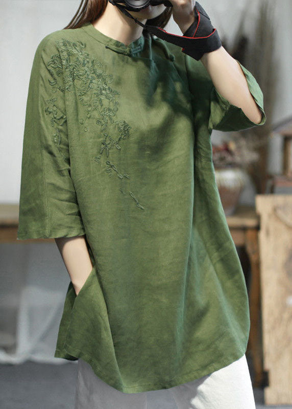 Women Green Stand Collar Embroideried Linen Tops Half Sleeve