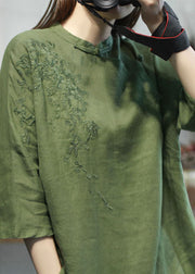 Women Green Stand Collar Embroideried Linen Tops Half Sleeve