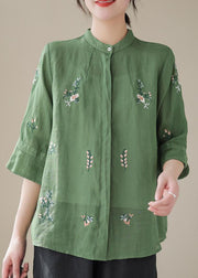 Women Green Stand Collar Embroideried Patchwork Linen Tops Summer