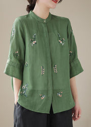 Women Green Stand Collar Embroideried Patchwork Linen Tops Summer