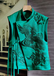 Women Green Stand Collar Embroideried Patchwork Silk Vest Sleeveless