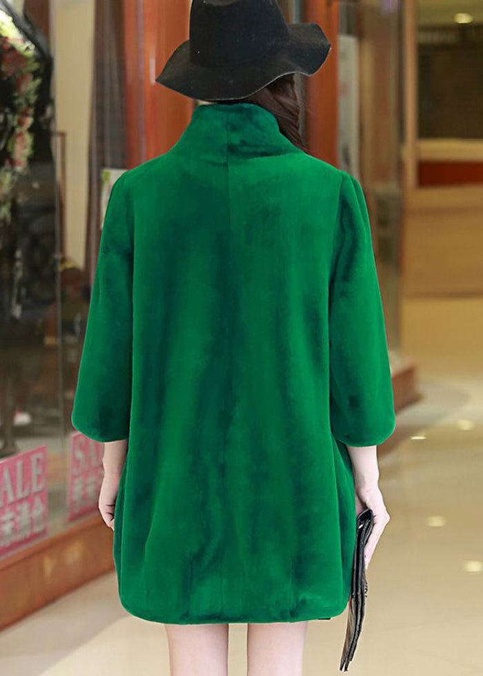 Women Green Stand Collar Oversized Fuzzy Fur Fluffy Coats Bracelet Sleeve