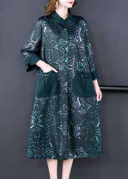 Women Green Stand Collar Pockets Print Silk Trench Spring