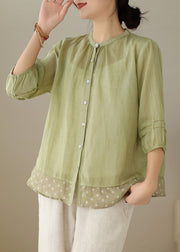 Women Green Stand Collar Print Patchwork Linen Shirt Tops Summer