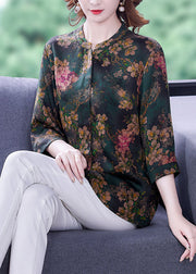 Women Green Stand Collar Print Silk Shirt Bracelet Sleeve