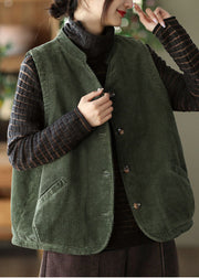 Women Green Stand Collar Solid Fine Cotton Filled Corduroy Vest Winter