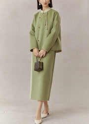 Women Green Stand Collar Tasseled Patchwork Woolen Two Pieces Set Fall