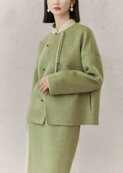 Women Green Stand Collar Tasseled Patchwork Woolen Two Pieces Set Fall