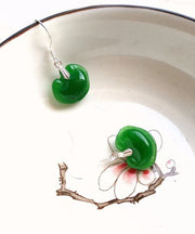 Women Green Sterling Silver Jade Drop Earrings