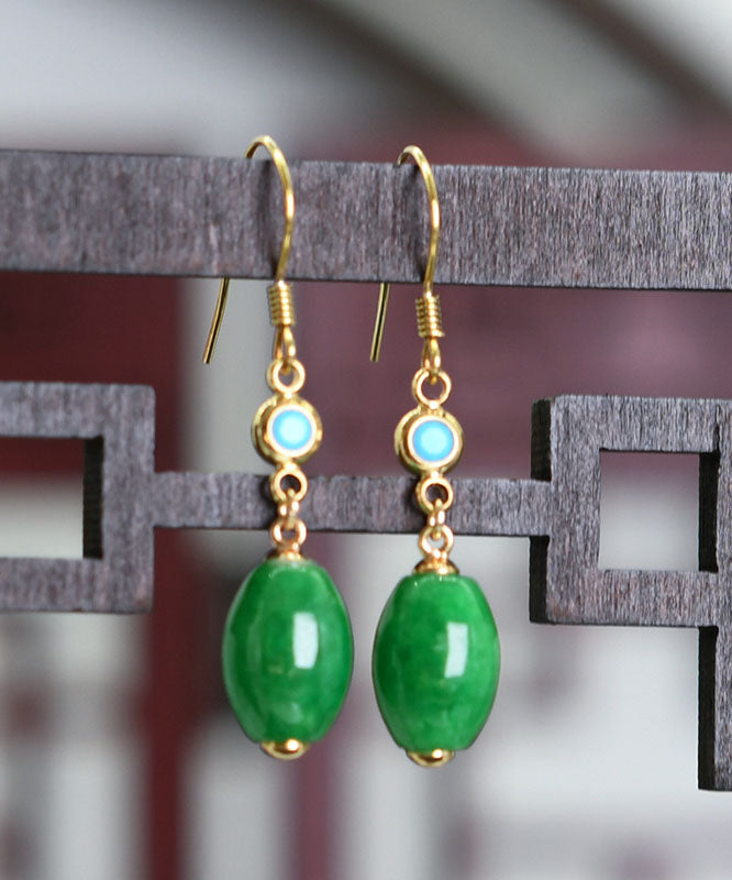 Women Green Sterling Silver Overgild Inlaid Jade Drop Earrings