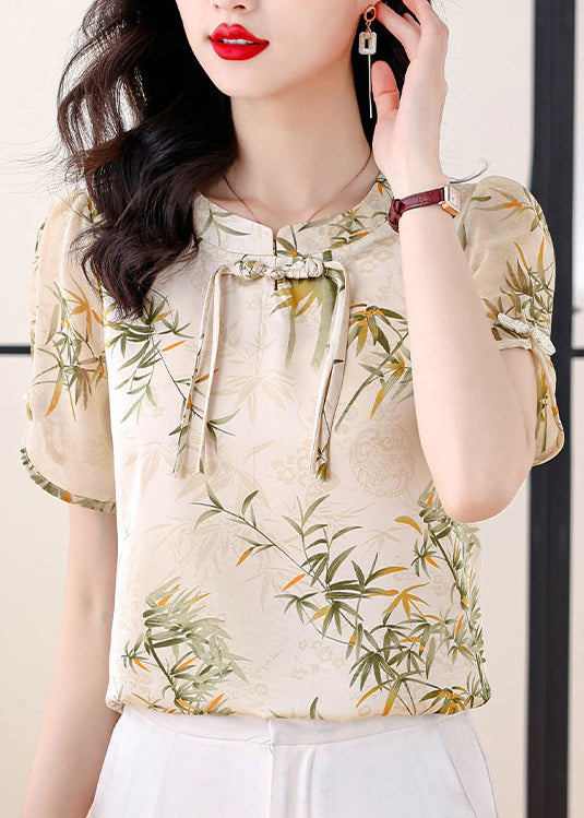 Women Green Tasseled Print Chiffon Blouse Top Summer