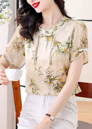 Women Green Tasseled Print Chiffon Blouse Top Summer