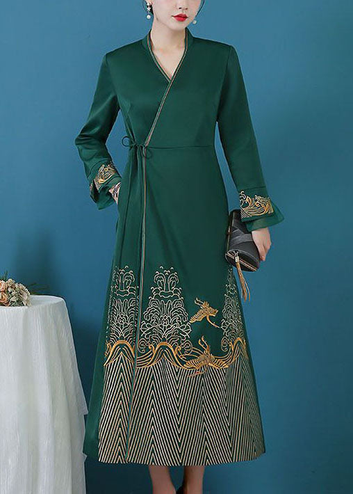 Women Green Tie Waist Print Silk Cinch Dress Fall