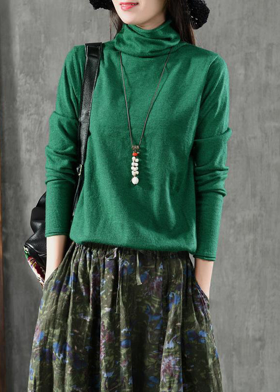 Women Green Turtleneck Patchwork Knitting Cotton Long Sleeve