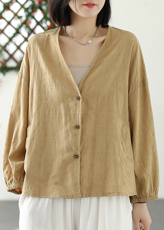 Women Green V Neck Button Coat Long Sleeve