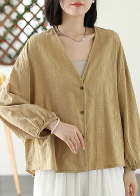 Women Green V Neck Button Coat Long Sleeve