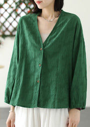 Women Green V Neck Button Coat Long Sleeve