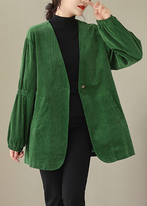 Women Green V Neck Button Pockets Corduroy Coats Fall