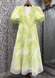 Women Green V Neck Embroidered Cotton Mid Dress Summer