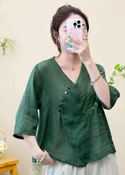 Women Green V Neck Embroideried Patchwork Linen Tops Summer