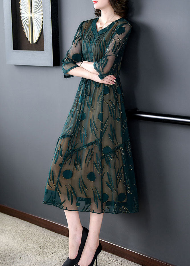 Women Green V Neck Embroideried Patchwork Silk Dress Summer