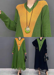 Women Green V Neck Patchwork Knit A Line Dress Spring