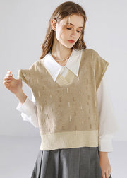 Women Green V Neck Patchwork Knit Tops Waistcoat Fall