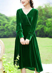 Women Green V Neck Patchwork Silk Velour Holiday Dress Spring