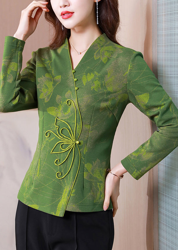 Women Green V Neck Patchwork Slim Fit Silk Tops Spring