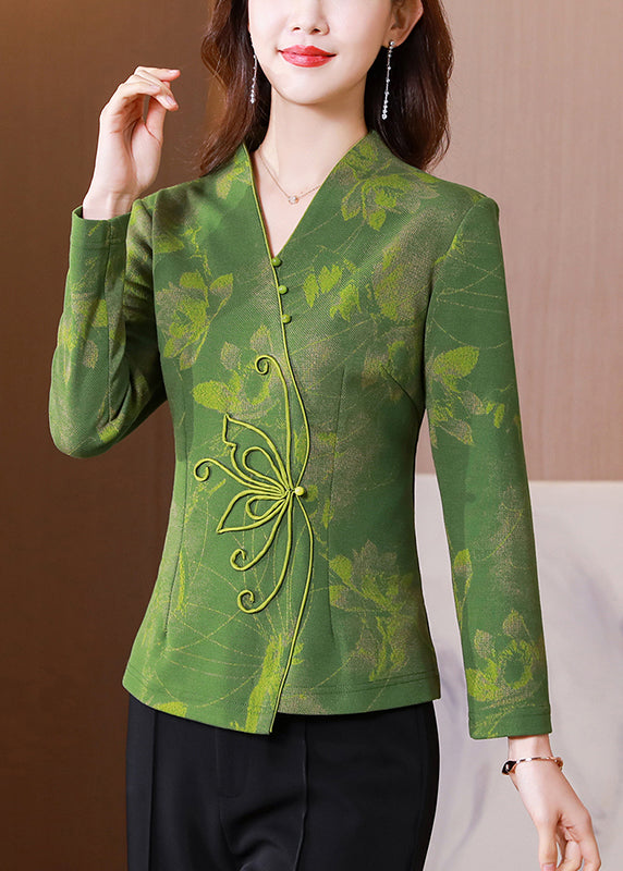 Women Green V Neck Patchwork Slim Fit Silk Tops Spring