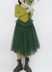 Women Green V Neck Patchwork Tulle Exra Large Hem Cotton Long Dress Long Sleeve