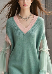 Women Green V Neck Patchwork Tulle Knitwear Dress Flare Sleeve