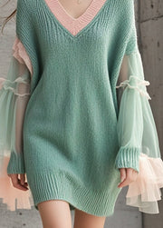 Women Green V Neck Patchwork Tulle Knitwear Dress Flare Sleeve