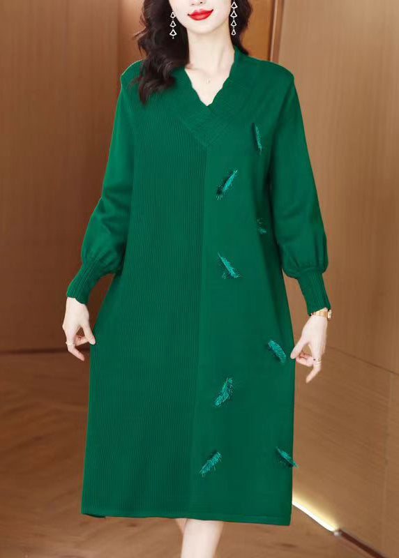 Women Green V Neck Patchwork Woolen Knit Sweater Dress Winter