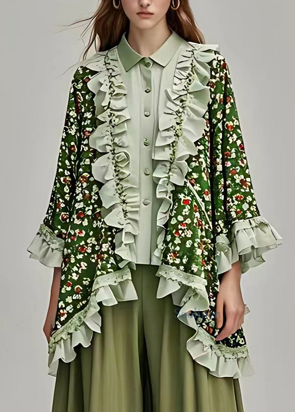 Women Green V Neck Ruffled Print Patchwork Cardigan Fall