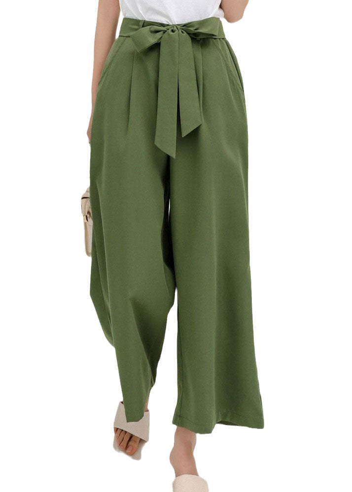 Women Green Wrinkled Bow Pockets Cotton Crop Pants Summer