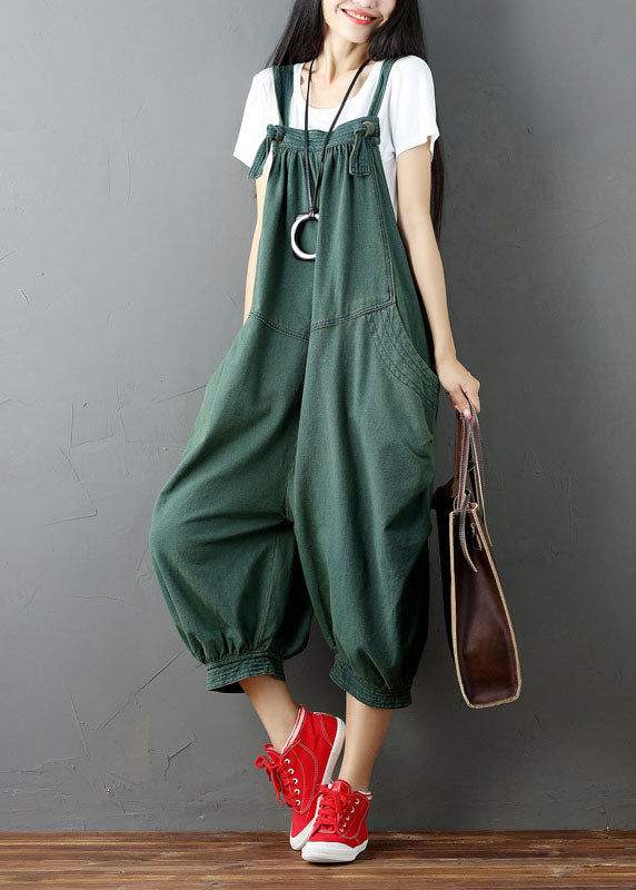 Women Green Wrinkled Patchwork Denim Jumpsuit Pants Summer