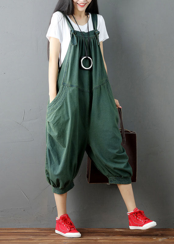 Women Green Wrinkled Patchwork Denim Jumpsuit Pants Summer