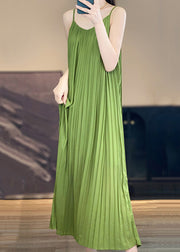 Women Green Wrinkled Solid Cotton Spaghetti Strap Dress Sleeveless