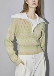 Women Green Zip Up Hollow Out Wool Knit Sweater Winter