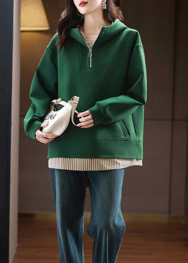 Women Green Zip Up Patchwork Hooded Cotton Pullover Streetwear Fall