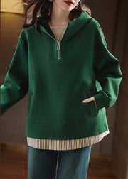 Women Green Zip Up Patchwork Hooded Cotton Pullover Streetwear Fall