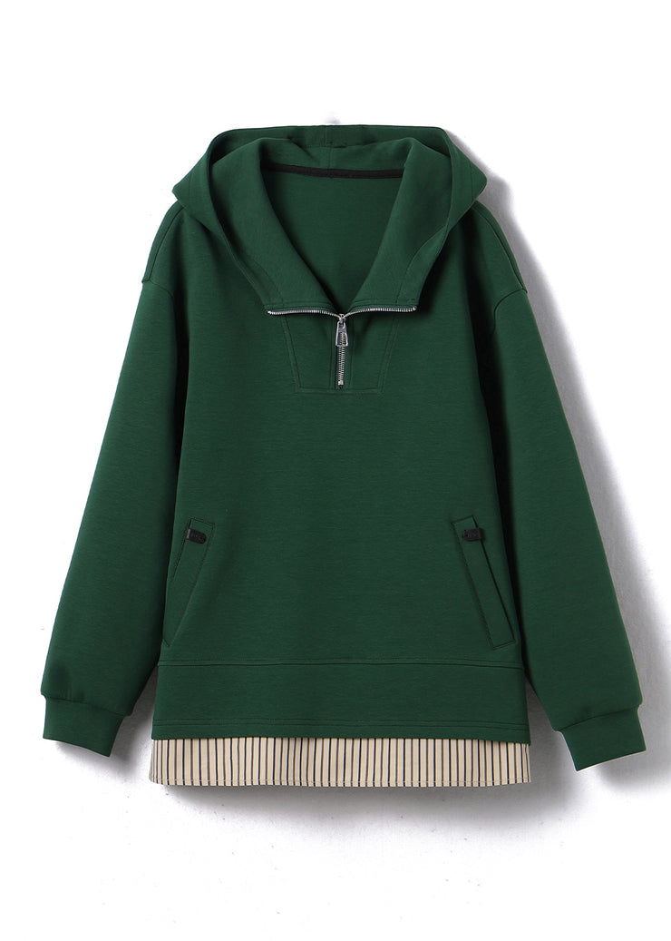 Women Green Zip Up Patchwork Hooded Cotton Pullover Streetwear Fall