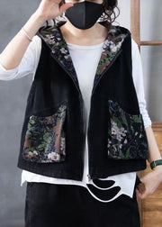 Women Green Zippered Print Hooded Denim Waistcoat Sleeveless